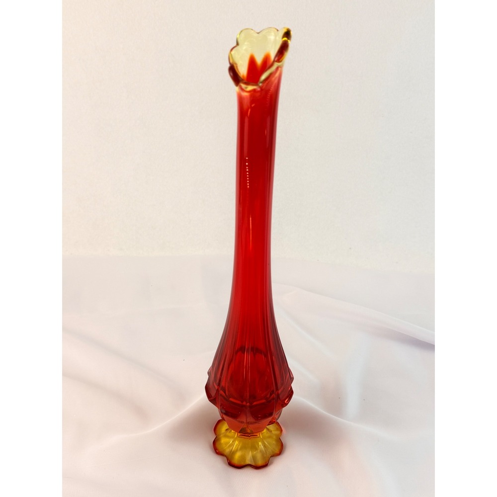 Vintage Fenton Glass Swung Vase Amberina Red Orange MCM 15.5 Inch